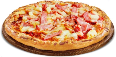 Tomatensaus, kaas, ham en stukjes ananas.